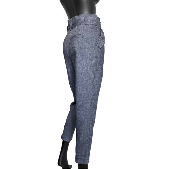 A.L.C. Pant High Waist Belt 0/2 Indigo Blue Chambray Italian Linen Tapered Ankle - Picture 2 of 15